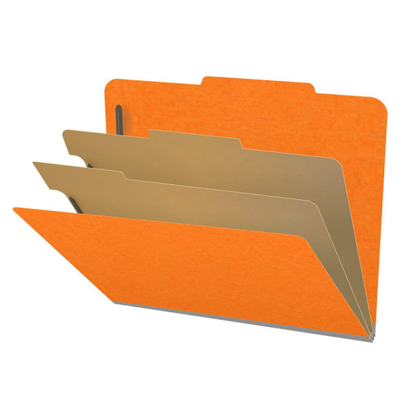 Orange letter size top tab classification folder with 2" gray tyvek expansion, with 2" bonded fasteners on inside front and inside back and 1" duo fastener on dividers. 18 pt. paper stock and 17 pt brown kraft dividers. Packaged 10/50.