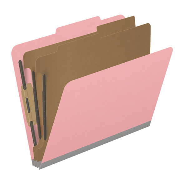 Pink letter size top tab classification folder with 2" gray tyvek expansion, with 2" bonded fasteners on inside front and inside back and 1" duo fastener on dividers. 18 pt. paper stock and 17 pt brown kraft dividers. Packaged 10/50.