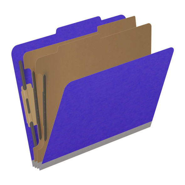 Purple letter size top tab classification folder with 2" gray tyvek expansion, with 2" bonded fasteners on inside front and inside back and 1" duo fastener on dividers. 18 pt. paper stock and 17 pt brown kraft dividers. Packaged 10/50.