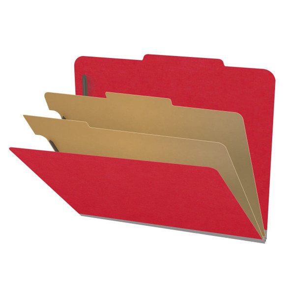 Red letter size top tab classification folder with 2" gray tyvek expansion, with 2" bonded fasteners on inside front and inside back and 1" duo fastener on dividers. 18 pt. paper stock and 17 pt brown kraft dividers. Packaged 10/50.