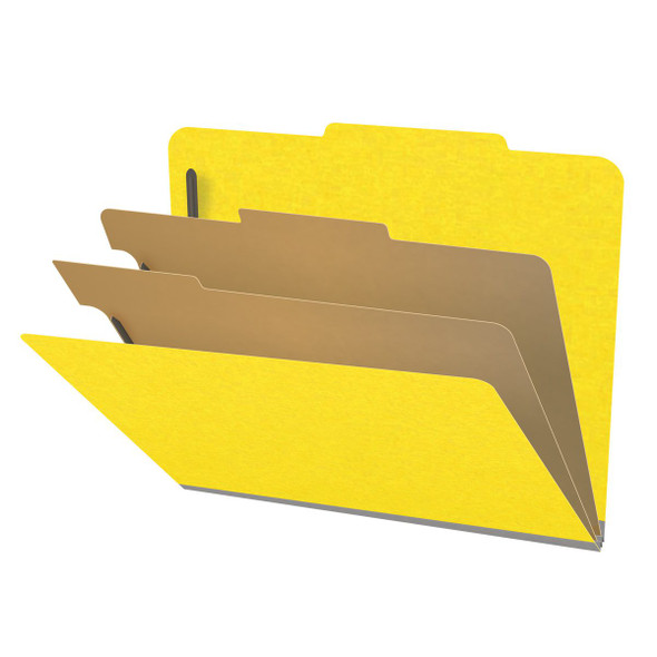 Yellow letter size top tab classification folder with 2" gray tyvek expansion, with 2" bonded fasteners on inside front and inside back and 1" duo fastener on dividers. 18 pt. paper stock and 17 pt brown kraft dividers. Packaged 10/50.