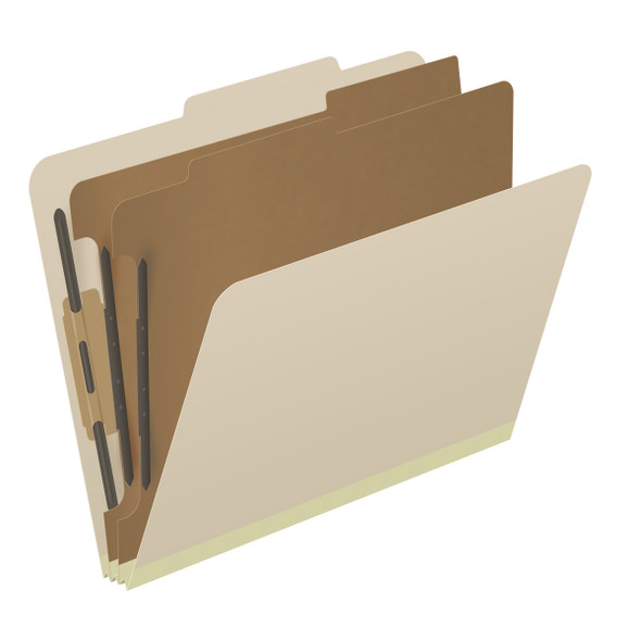 Manila letter size top tab two divider classification folder with 2" gray tyvek expansion, with 2" bonded fasteners on inside front and inside back and 1" duo fastener on dividers. 18 pt manila stock. Packaged 10/50.