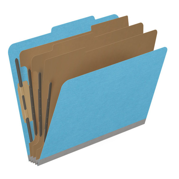 Blue letter size top tab classification folder with 3" gray tyvek expansion, with 2" bonded fasteners on inside front and inside back and 1" duo fastener on dividers. 18 pt. paper stock and 17 pt brown kraft dividers. Packaged 10/50.