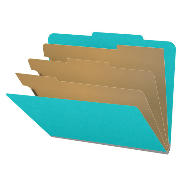 Light blue letter size top tab classification folder with 3" gray tyvek expansion, with 2" bonded fasteners on inside front and inside back and 1" duo fastener on dividers. 18 pt. paper stock and 17 pt brown kraft dividers. Packaged 10/50.