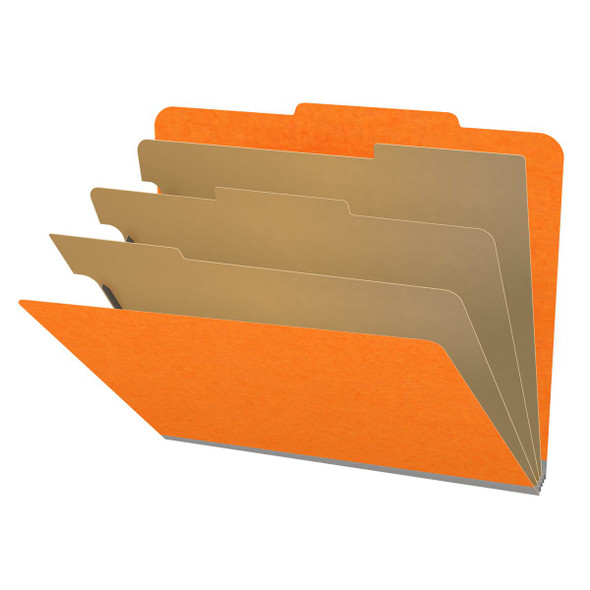 Orange letter size top tab classification folder with 3" gray tyvek expansion, with 2" bonded fasteners on inside front and inside back and 1" duo fastener on dividers. 18 pt. paper stock and 17 pt brown kraft dividers. Packaged 10/50.