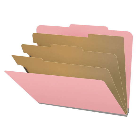 Pink letter size top tab classification folder with 3" gray tyvek expansion, with 2" bonded fasteners on inside front and inside back and 1" duo fastener on dividers. 18 pt. paper stock and 17 pt brown kraft dividers. Packaged 10/50.
