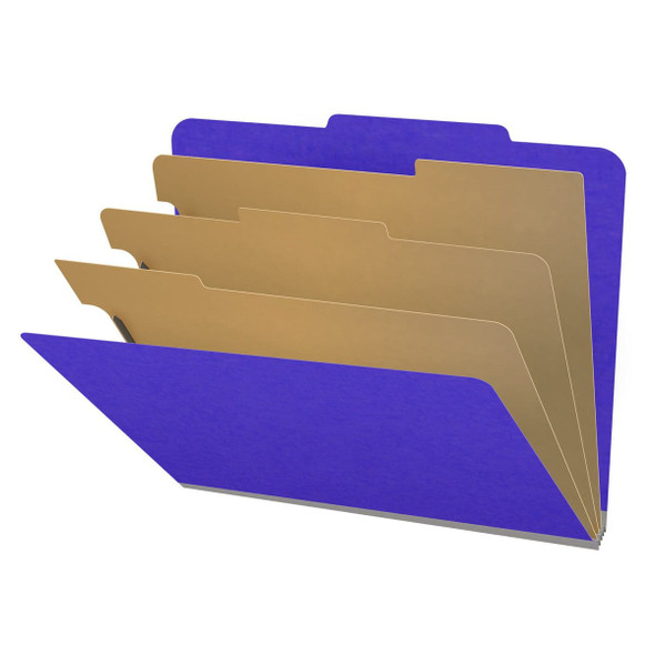 Purple letter size top tab classification folder with 3" gray tyvek expansion, with 2" bonded fasteners on inside front and inside back and 1" duo fastener on dividers. 18 pt. paper stock and 17 pt brown kraft dividers. Packaged 10/50.