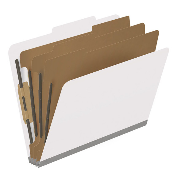 White letter size top tab classification folder with 3" gray tyvek expansion, with 2" bonded fasteners on inside front and inside back and 1" duo fastener on dividers. 18 pt. paper stock and 17 pt brown kraft dividers. Packaged 10/50.