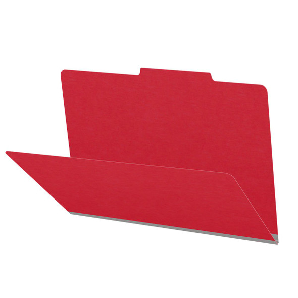 Red legal size top tab classification folder with 2" gray tyvek expansion. 18 pt. paper stock. Packaged 25/125.