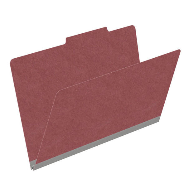 Dark red legal size top tab classification folder with 2" russet brown tyvek expansion. 25 pt type 3 pressboard stock. Packaged 25/125.