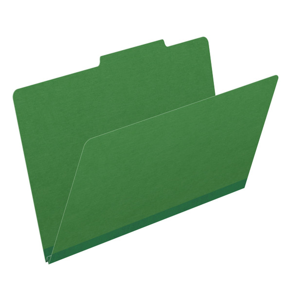 Moss green legal size top tab classification folder with 2" dark green tyvek expansion. 25 pt type 3 pressboard stock. Packaged 25/125