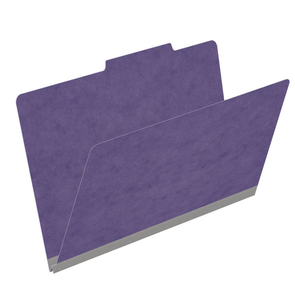 Purple legal size top tab classification folder with 2" gray tyvek expansion. 25 pt type 3 pressboard stock. Packaged 25/125.
