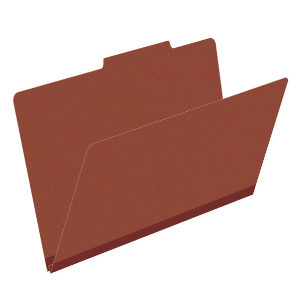 Red legal size top tab classification folder with 2" russet brown tyvek expansion. 25 pt type 3 pressboard stock. Packaged 25/125.