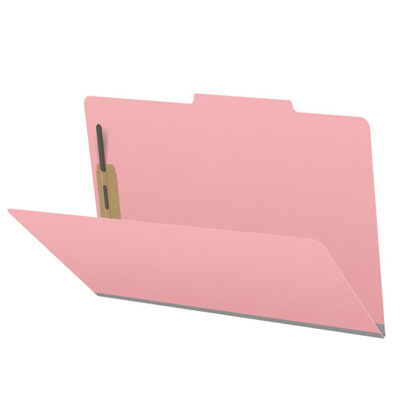 Pink legal size top tab classification folder with 2" gray tyvek expansion and 2" bonded fasteners on inside front and inside back. 18 pt. paper stock. Packaged 25/125.