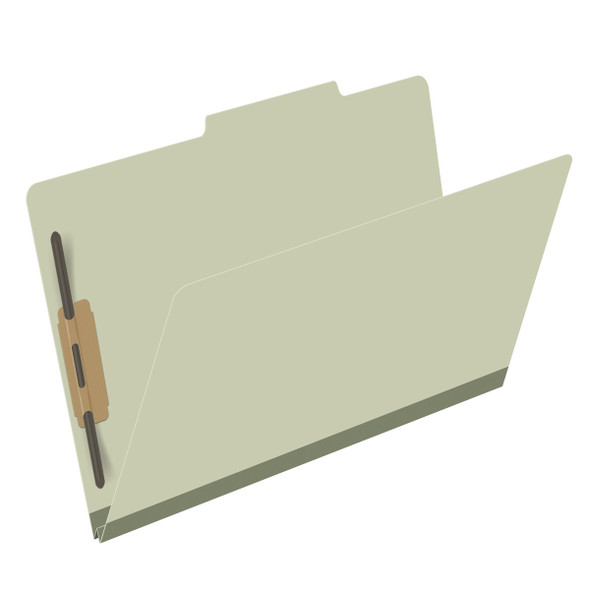 Green legal size top tab classification folder with 2" gray tyvek expansion and 2" bonded fasteners on inside front and inside back. 25 pt type 3 pressboard stock. Packaged 25/125.