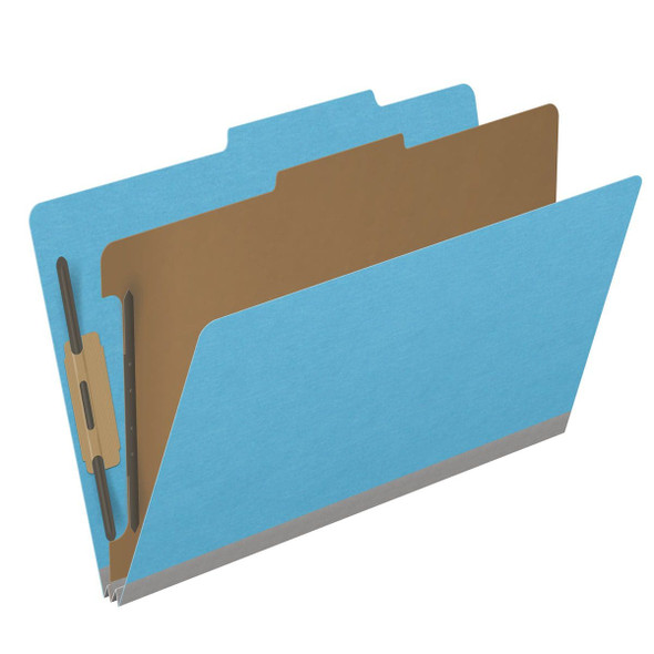 Blue legal size top tab classification folder with 2" gray tyvek expansion, with 2" bonded fasteners on inside front and inside back and 1" duo fastener on divider. 18 pt. paper stock and 17 pt brown kraft dividers. Packaged 10/50.