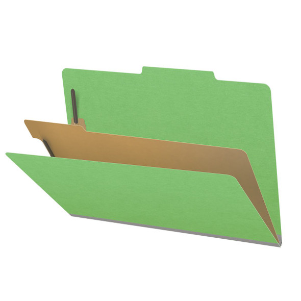 Green legal size top tab classification folder with 2" gray tyvek expansion, with 2" bonded fasteners on inside front and inside back and 1" duo fastener on divider. 18 pt. paper stock and 17 pt brown kraft dividers. Packaged 10/50.