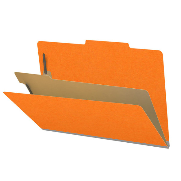 Orange legal size top tab classification folder with 2" gray tyvek expansion, with 2" bonded fasteners on inside front and inside back and 1" duo fastener on divider. 18 pt. paper stock and 17 pt brown kraft dividers. Packaged 10/50.