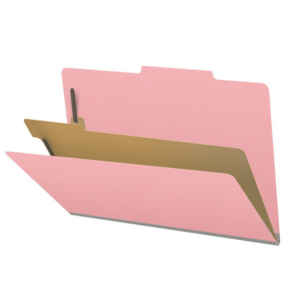 Pink legal size top tab classification folder with 2" gray tyvek expansion, with 2" bonded fasteners on inside front and inside back and 1" duo fastener on divider. 18 pt. paper stock and 17 pt brown kraft dividers. Packaged 10/50.