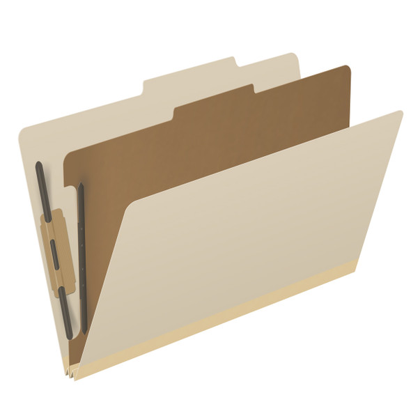 Manila legal size top tab one divider classification folder with 2" gray tyvek expansion, with 2" bonded fasteners on inside front and inside back and 1" duo fastener on divider. 18 pt manila stock. Packaged 10/50.