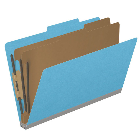Blue legal size top tab classification folder with 2" gray tyvek expansion, with 2" bonded fasteners on inside front and inside back and 1" duo fastener on dividers. 18 pt. paper stock and 17 pt brown kraft dividers. Packaged 10/50.