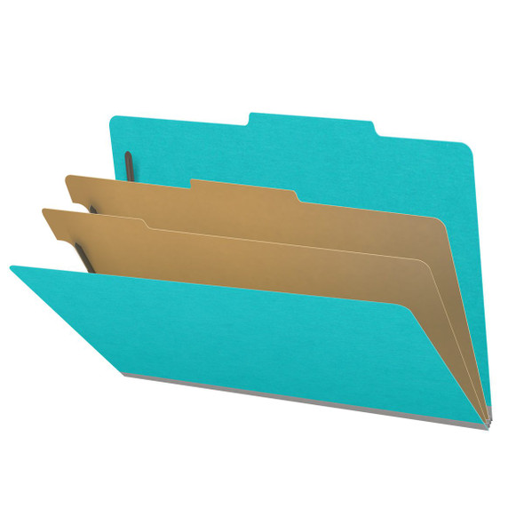 Light blue legal size top tab classification folder with 2" gray tyvek expansion, with 2" bonded fasteners on inside front and inside back and 1" duo fastener on dividers. 18 pt. paper stock and 17 pt brown kraft dividers. Packaged 10/50.