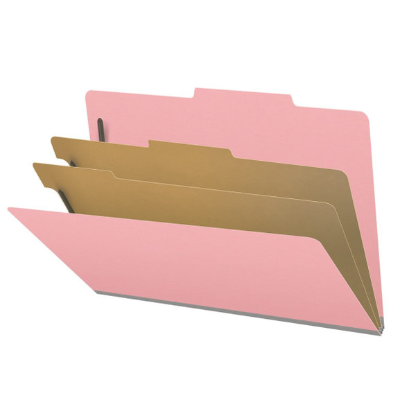 Pink legal size top tab classification folder with 2" gray tyvek expansion, with 2" bonded fasteners on inside front and inside back and 1" duo fastener on dividers. 18 pt. paper stock and 17 pt brown kraft dividers. Packaged 10/50.