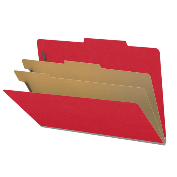 Red legal size top tab classification folder with 2" gray tyvek expansion, with 2" bonded fasteners on inside front and inside back and 1" duo fastener on dividers. 18 pt. paper stock and 17 pt brown kraft dividers. Packaged 10/50.