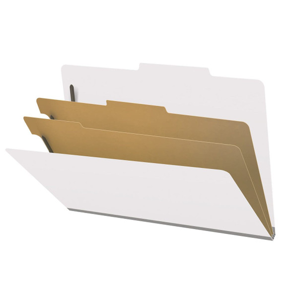 White legal size top tab classification folder with 2" gray tyvek expansion, with 2" bonded fasteners on inside front and inside back and 1" duo fastener on dividers. 18 pt. paper stock and 17 pt brown kraft dividers. Packaged 10/50.