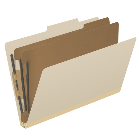 Manila legal size top tab two divider classification folder with 2" gray tyvek expansion, with 2" bonded fasteners on inside front and inside back and 1" duo fastener on dividers. 18 pt manila stock. Packaged 10/50.