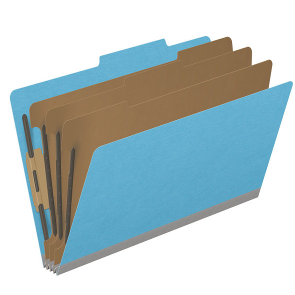 Blue legal size top tab classification folder with 3" gray tyvek expansion, with 2" bonded fasteners on inside front and inside back and 1" duo fastener on dividers. 18 pt. paper stock and 17 pt brown kraft dividers. Packaged 10/50.