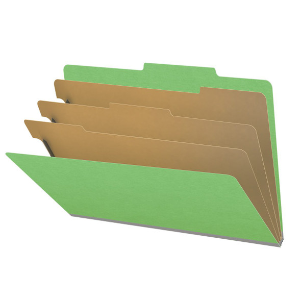 Green legal size top tab classification folder with 3" gray tyvek expansion, with 2" bonded fasteners on inside front and inside back and 1" duo fastener on dividers. 18 pt. paper stock and 17 pt brown kraft dividers. Packaged 10/50.