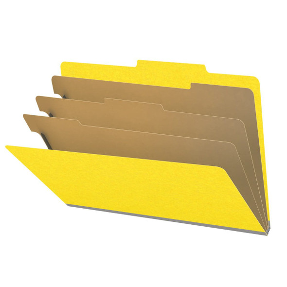 Yellow legal size top tab classification folder with 3" gray tyvek expansion, with 2" bonded fasteners on inside front and inside back and 1" duo fastener on dividers. 18 pt. paper stock and 17 pt brown kraft dividers. Packaged 10/50.