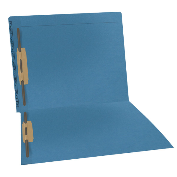 Blue Kardex match letter size reinforced top and end tab folder with A-Z scale printed on left end taband 2" bonded fasteners on inside front and back. 11 pt blue stock. Packaged 50/250.