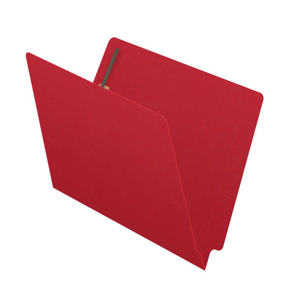 Red letter size reinforced end tab folder with 2" bonded fastener on inside back. 14 pt red stock. Packaged 50/250