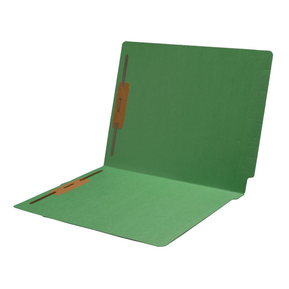 Green letter size reinforced end tab folder with 2" bonded fastener on inside front and back. 14 pt green stock. Bulk packaged 250