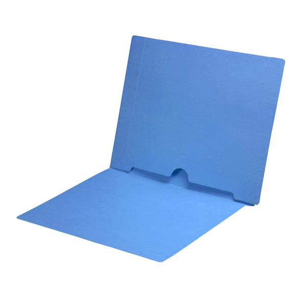 Blue letter size end tab folder with full pocket on inside back open towards spine. 11 pt blue stock. Packaged 50/250.