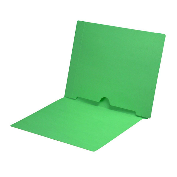 Green letter size end tab folder with full pocket on inside back open towards spine. 11 pt green stock. Packaged 50/250.