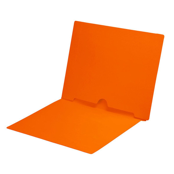 Orange letter size end tab folder with full pocket on inside back open towards spine. 11 pt orange stock. Packaged 50/250.