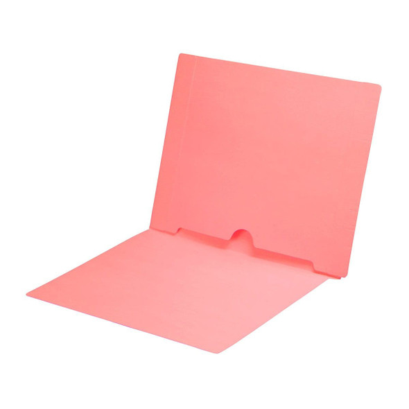 Pink letter size end tab folder with full pocket on inside back open towards spine. 11 pt pink stock. Packaged 50/250.