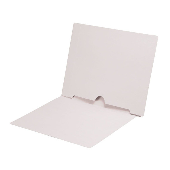 White letter size end tab folder with full pocket on inside back open towards spine. 11 pt white stock. Packaged 50/250.