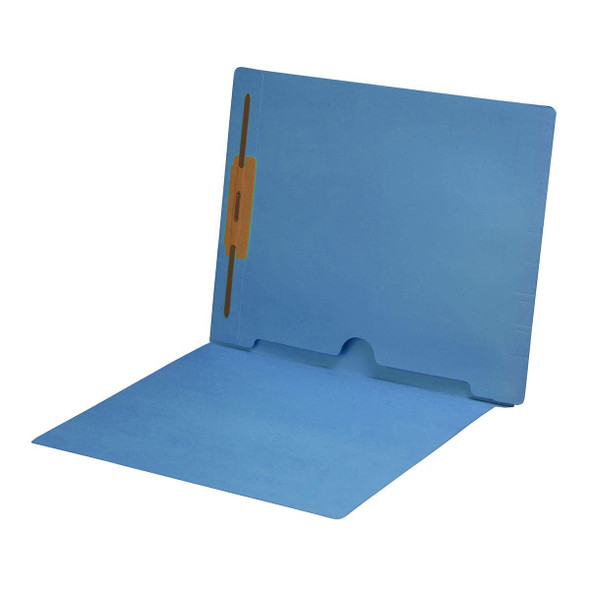 Blue letter size end tab folder with full pocket on inside back open towards spine and 2" bonded fastener on inside back. 11 pt blue stock. Packaged 50/250.