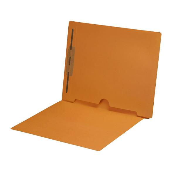 Goldenrod letter size end tab folder with full pocket on inside back open towards spine and 2" bonded fastener on inside back. 11 pt Goldenrod stock. Packaged 50/250.