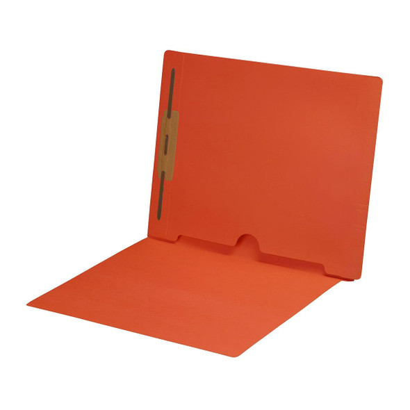 Orange letter size end tab folder with full pocket on inside back open towards spine and 2" bonded fastener on inside back. 11 pt Orange stock. Packaged 50/250.