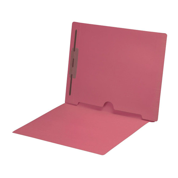 Pink letter size end tab folder with full pocket on inside back open towards spine and 2" bonded fastener on inside back. 11 pt Pink stock. Packaged 50/250.