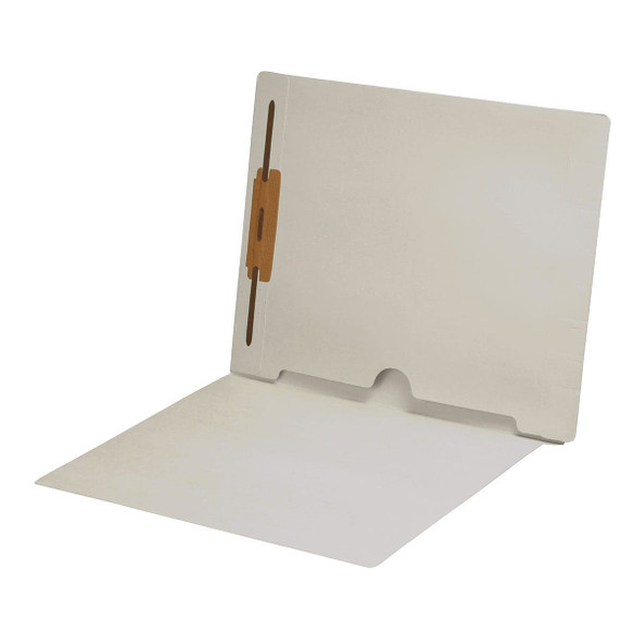 White letter size end tab folder with full pocket on inside back open towards spine and 2" bonded fastener on inside back. 11 pt White stock. Packaged 50/250.