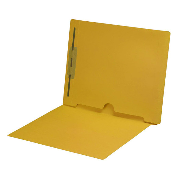 Yellow letter size end tab folder with full pocket on inside back open towards spine and 2" bonded fastener on inside back. 11 pt Yellow stock. Packaged 50/250.