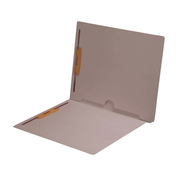 Gray letter size end tab folder with full pocket on inside back open towards spine and 2" bonded fasteners on inside front and back. 11 pt Gray stock. Packaged 50/250.