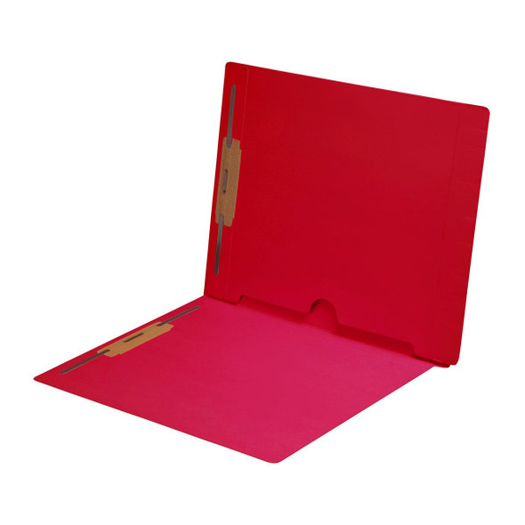 Red letter size end tab folder with full pocket on inside back open towards spine and 2" bonded fasteners on inside front and back. 11 pt Red stock. Packaged 50/250.