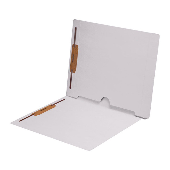 White letter size end tab folder with full pocket on inside back open towards spine and 2" bonded fasteners on inside front and back. 11 pt White stock. Packaged 50/250.